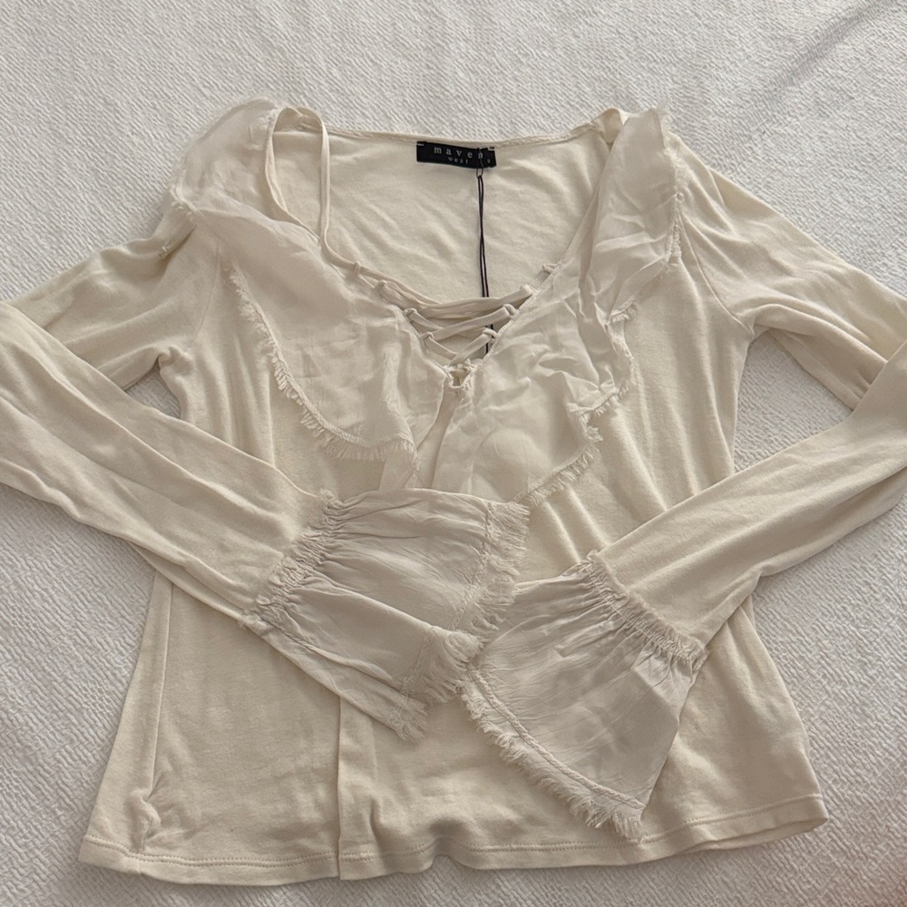 Maven West Cream Lace-Up Ruffle Long Sleeve Top
